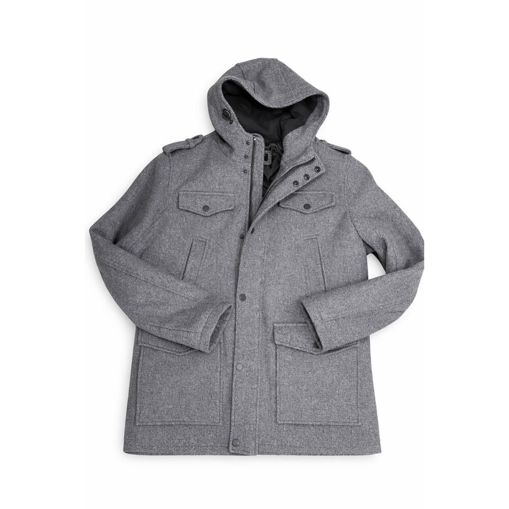 Black Rivet Men’s Gray Wool Blend Hooded Jacket Size M Quilted Lined Winter Coat